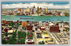 Postcard Aerial View Of Windsor Ontario, Canada Detroit in Background