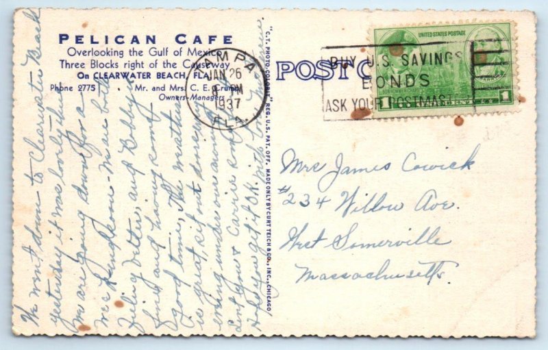 CLEARWATER BEACH, Florida FL ~ Roadside PELICAN CAFE 1937 C.E. Crump Postcard