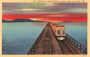 Vintage Postcard Great Salt Lake Cut-Off At Sunset Great Salt Lake Utah Deseret