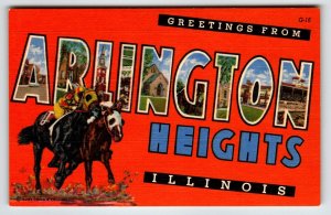 Greetings From Arlington Heights Illinois Large Letter Linen Postcard Horse Race