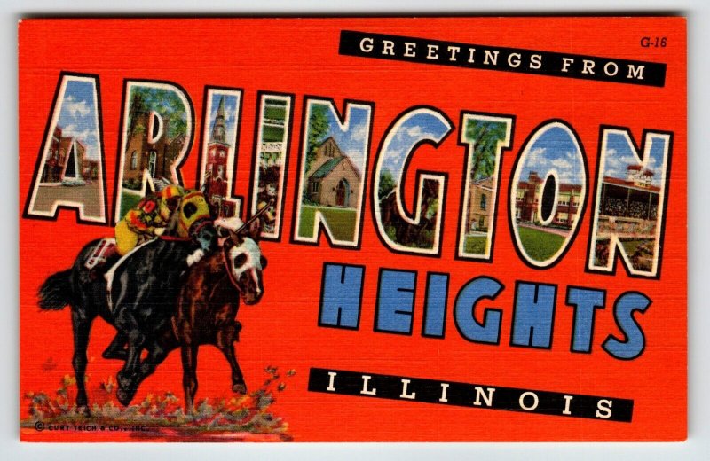 Greetings From Arlington Heights Illinois Large Letter Linen Postcard Horse Race
