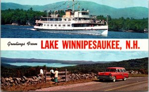 Greetings Lake Winnipesaukee New Hampshire NH Muli View Postcard Old Car 