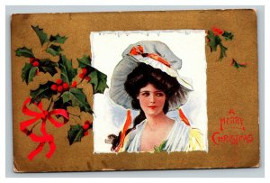 Vintage 1900's Christmas Postcard Woman in Large White Hat Gold Face Mistletoe