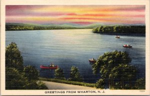 Postcard NJ Wharton - Greetings from Wharton N.J. - canoeing on lake