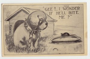 P2583  1912 postcard  comic dog & mouse gee; i wonder if he,ll bite me ?