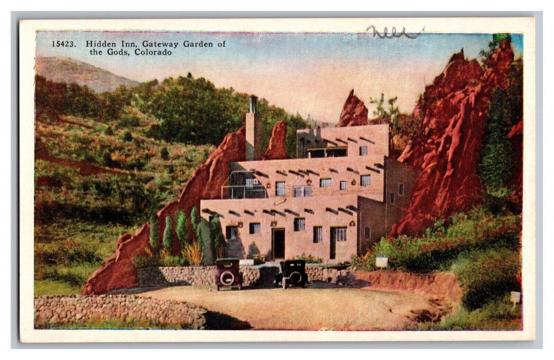 Postcard CO Hidden Inn Gateway Garden Of The Gods Colorado Antique Automobiles 