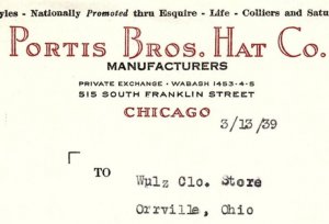 1939 PORTIS BROS HAT CO.  515 S. FRANKLIN ST CHICAGO IL BILLHEAD INVOICE Z1193