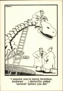 Vintage Gary Larson FAR SIDE 1980s Postcard gfz SCIENTISTS DINOSAUR SKELETON