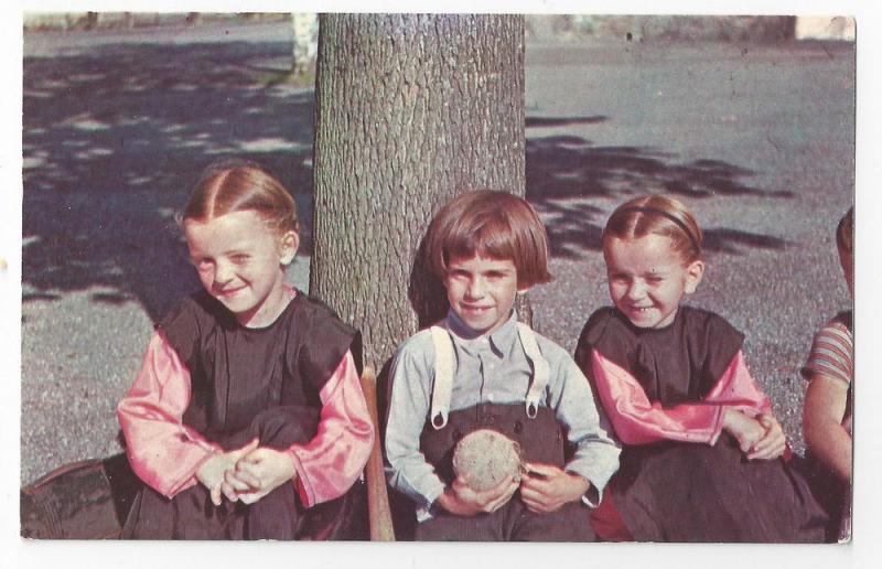 Amish Children Mennonite Postcard Resting Tree Lancaster PA