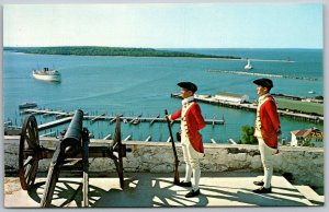 Mackinac Island Michigan 1970s Postcard Soldiers And Cannon at Fort Mackinac