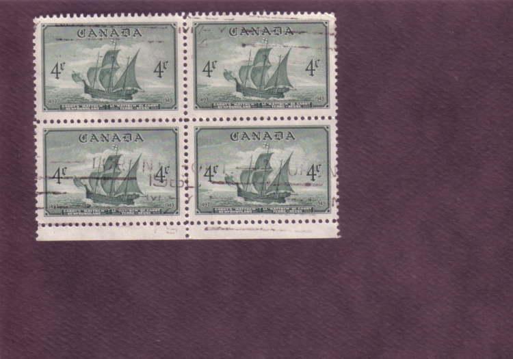 Canada, Used Block of Four, Cabot's Matthew, 4 Cent, Scott #282, 