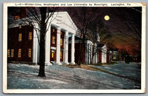 Postcard Lexington VA c1935 Washington & Lee University Campus Moonlight Winter