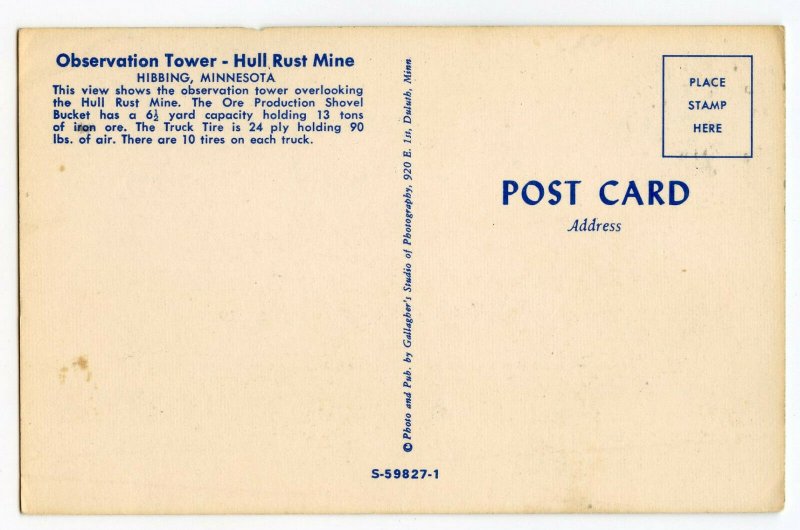 Postcard Observation Tower Hull Rust Mine Hibbing Minnesota Standard View Card 