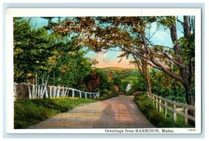 1936 Road Scene, Greetings from Harrison, Maine ME Vintage Unposted Postcard