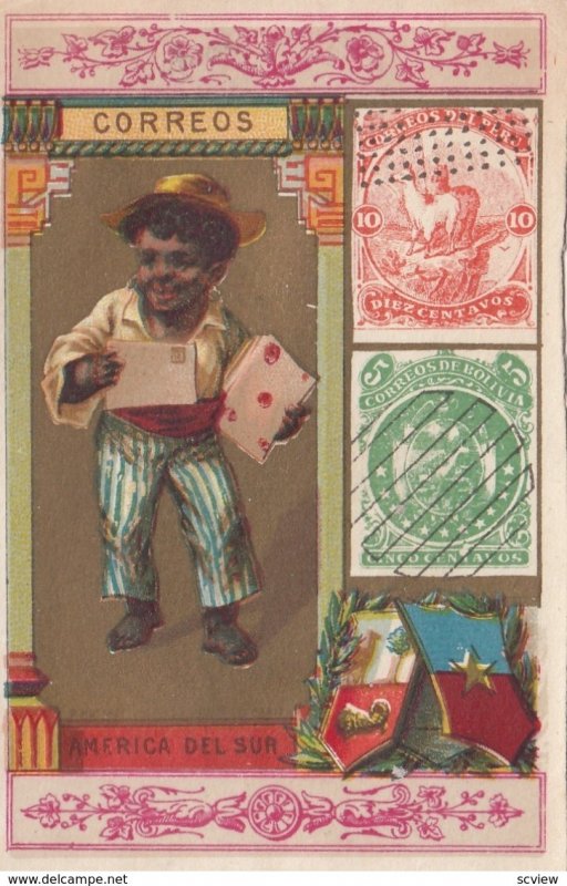 Trade Card (TC): Stamps & Boy w/ Letter , 1880-90s ; SOUTH AMERICA #3