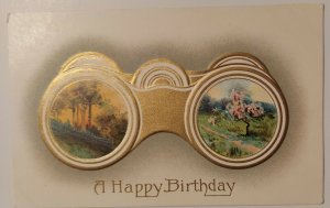 Binoculars Happy Birthday Postcard Embossed Gold Gray Spring Tree Sunset Sunrise