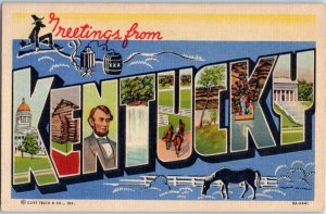 1939 Large Letter Greetings from Kentucky Linen Postcard