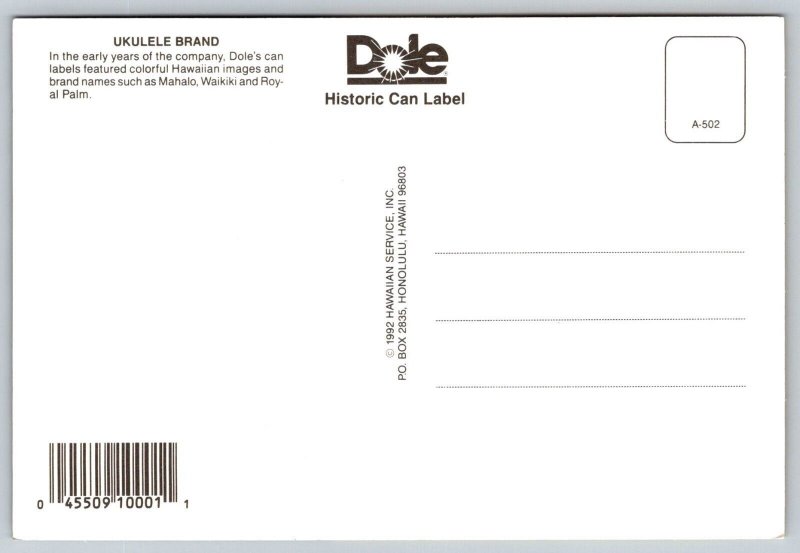 Ukulele Brand Dole  Hawaiian Pineapple   Postcard