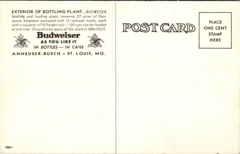 Postcard Exterior of Bottling Plant Anheuser-Busch Brewery in St. Louis Missouri