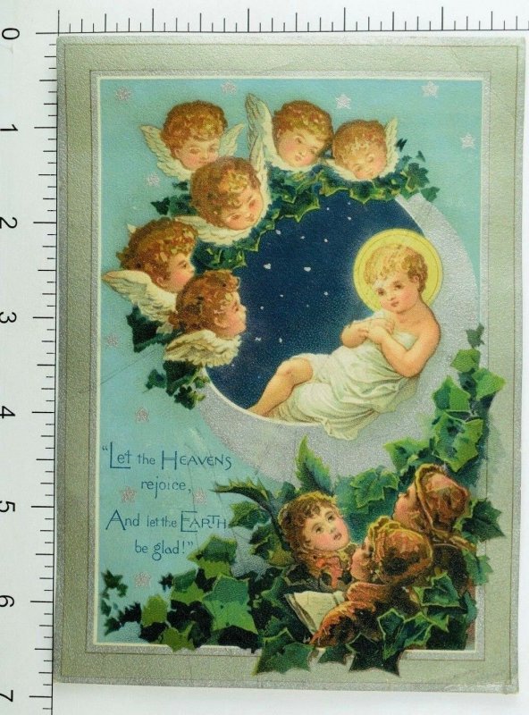 1893 Graphical Religious Christmas Card Baby Halo Crescent Moon Cherubs &K