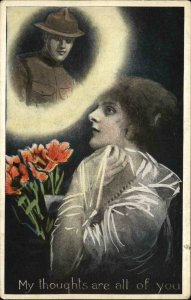 World War I WWI Beautiful Woman Thinks of Soldier Romance Vintage Postcard