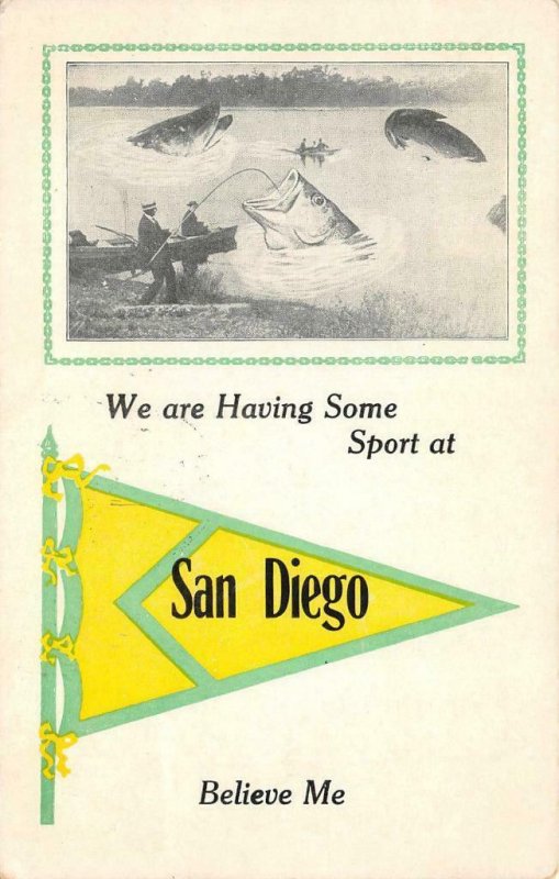 SAN DIEGO, CA Pennant Giant Fish Exaggeration Fishing 1913 Vintage Postcard 