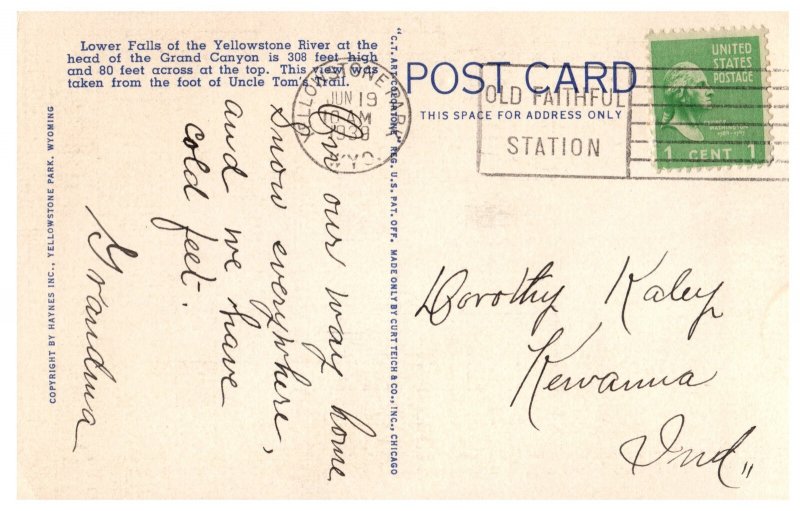 Lower Falls Yellowstone National Park 1 Cent Stamp Postcard 1938