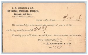 Sioux City Iowa IA Postal Card T.S. Martin & Co. Dry Goods Millinery 1906