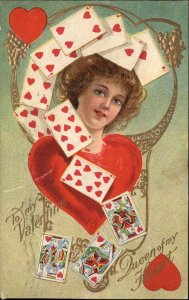 Valentine Queen of Hearts Beautiful Woman Playing Cards c1910 Postcard