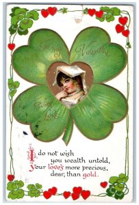 Valentine Postcard Little Girl On Heart Shamrock Embossed Oshkosh Wisconsin WI