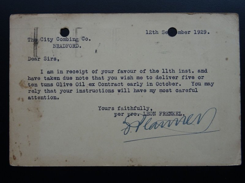 LEON FRENKEL Extra Choice OLIVE OIL Confirmation of Order c1929 Memo Postcard