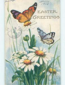 Pre-Linen easter YELLOW BUTTERFLY AND BLUE BUTTERFLY ON DAISY FLOWERS HL1020