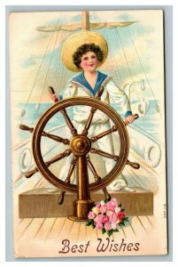 Vintage 1908 Postcard Boy in Sailor Suit Pink Roses Sailing Ship on Ocean NICE