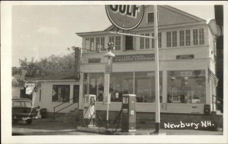 Newbury NH Gulf Gas Station Lake Sunapee Trading Co Sign Real Photo Postcard