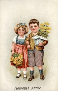 New Years Heureuse Annee Children Flower Bouquets c1900-20s Vintage Postcard