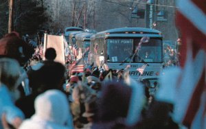 Vintage Postcard Welcoming Throngs Line The Highways Busses Bearing Hostages