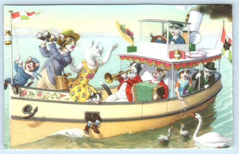 Mainzer Cats Dressed CATS & KITTENS on a BOAT with Music #4911 Belgium Postcard