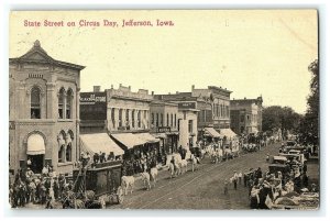 1919 Postcard State Street On Circus Day Jefferson Iowa Horses Rexall Drugs  