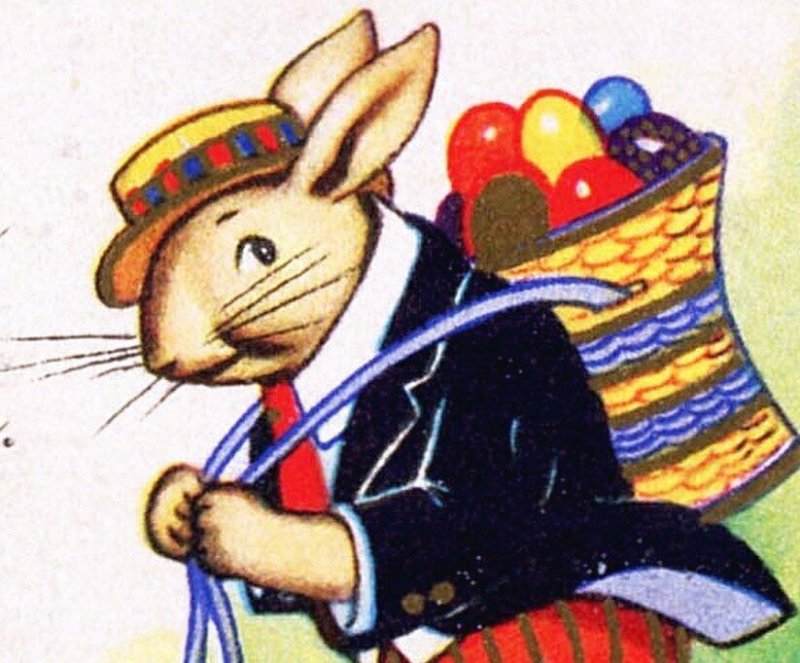 Art Deco Easter~SMARTLY DRESSED RABBIT w BASKET of COLORED EGGS~Vintage Postcard