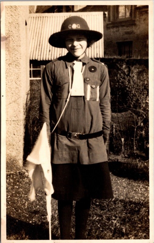 Real Photo Postcard Portrait of Girl Wearing Girl Guide Scouting Uniform