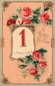 Vintage Postcard 1910 A Happy New Year January 1 Calendar Date Flowers Greetings