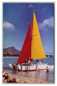 Vintage 1950's Mid Century Postcard Big Sailing Catamaran Honolulu Hawaii - Cool