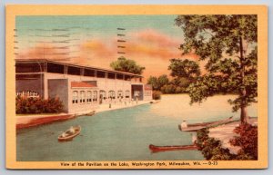 Milwaukee WI~View Of Pavilion On Lake @ Washington Park~PM 1949~Linen Postcard