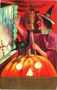 Nash Series 2 Halloween Precautions Witch Black Cat Jack-o-lantern 1910 Postcard