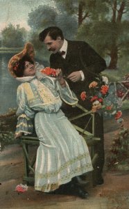 Vintage Postcard 1907 Well Dressed Man & Woman in Love Flowers Lake Background