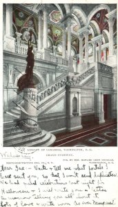 Washington D.C., 1905 Library Of Congress Grand Stairway, Vintage Postcard