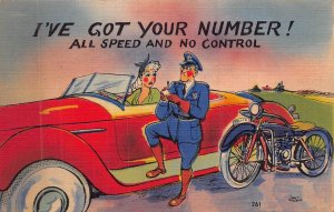 I'VE GOT YOUR NUMBER-MOTORCYCLE COP-BEAUTIFUL WOMAN-SPEED-NO CONTROL POSTCARD