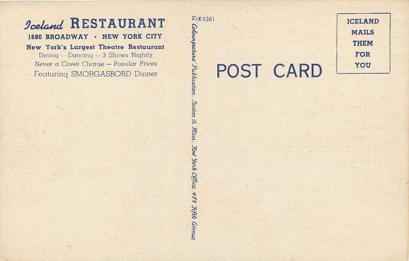 New York City~Iceland Theatre Restaurant~Dine~Dance~Interior~Art Deco~1940s