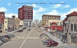 Texarkana AR State Line Avenue State Line Storefronts Old Cars Postcard