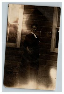 Vintage 1908 RPPC Postcard Photo of Woman in Front of House with Book